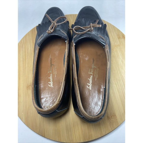 Salvatore Ferragamo Kiltie Loafer Black Fringe Tassel Leather Round Toe Sz 9.5 - Picture 5 of 10